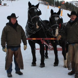 two men with horses pulling sleigh